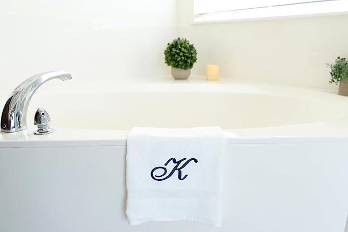 White Monogrammed Hand Towels for Bathroom - Luxury Hotel Quality Personalized Initial Embroidered Towel for Powder Room, Spa - GOTS Organic Certified - Set of 2 Navy Letter K