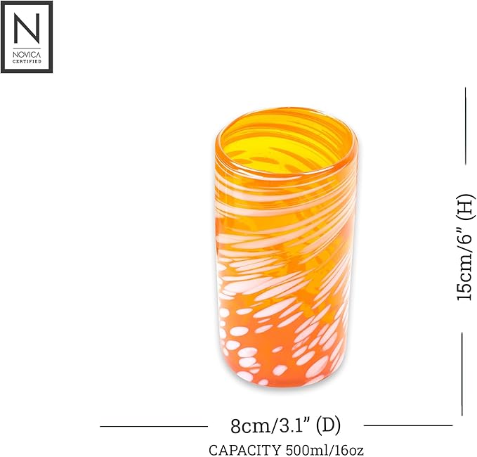 NOVICA Artisan Crafted Handblown Recycled Tumblers Glass | Striped Juice Drinkware | Tableware Glasses | Elegant Style | Emerald Orange | Toxins Free | Mexico 6" H x 3.1" Diam. (Set Of 6)