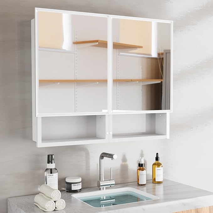 32x26 InchMedicine Cabinet with Mirror, Bathroom Mirrored Cabinet with Double Doors, Extra Storage Space, Bevel Mirror Wall Cabinet, Recessed or Surface Mount