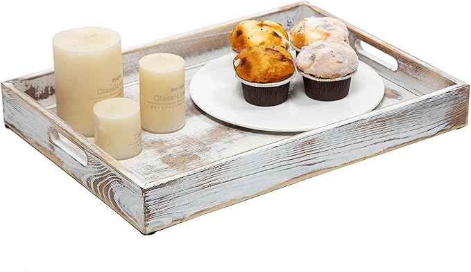 Rustic Distressed Wood Food Breakfast Serving Tray Octagon Serving Tray in Bed with Cutout Carrying Handles Coffee Office Desktop Document Holder Home Kitchen (Washed White)