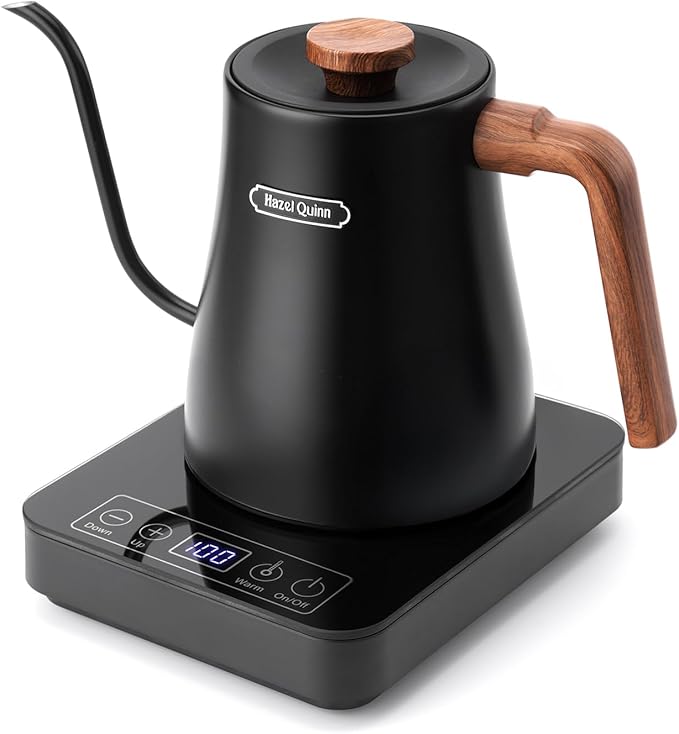 Hazel Quinn Gooseneck Electric Kettle - 0.8L / 27oz, Precise Temperature Control, 4-Hour Keep Warm, 1000W Fast Boil, 304 Stainless Steel Interior, Ideal for Coffee & Tea - Black
