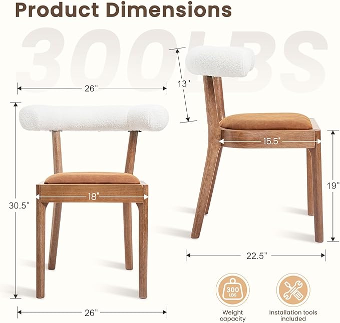 Kmax Dining Room Chairs Mid-Century Modern Leather Kitchen Chairs with Natural Walnut Finished Frame, Fur White Curved Back, Set of 6, PU Brown