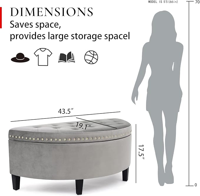 Homebeez 43" Half Moon Storage Ottoman Bench, Lift Top Velvet Storage Ottoman Bench for Bedroom Living Room(Light Gray)