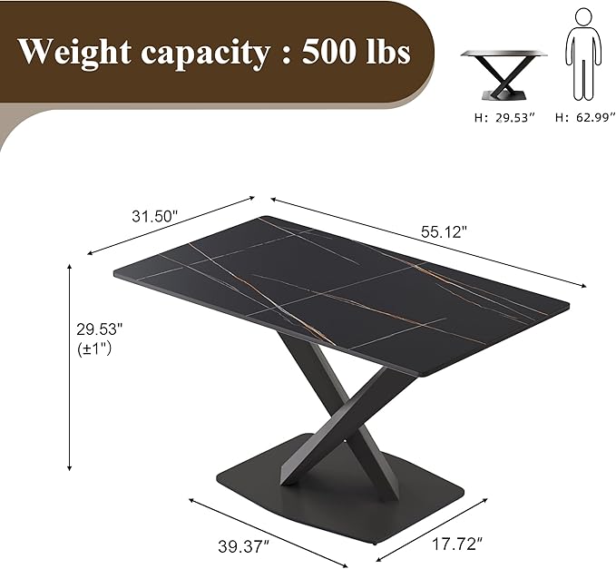 55" Modern Dining Table for 4-6 People, Black Sintered Stone Table Top with X-Shape Carbon Steel Pedestal, Large Rectangular Table for Kitchen Living Room