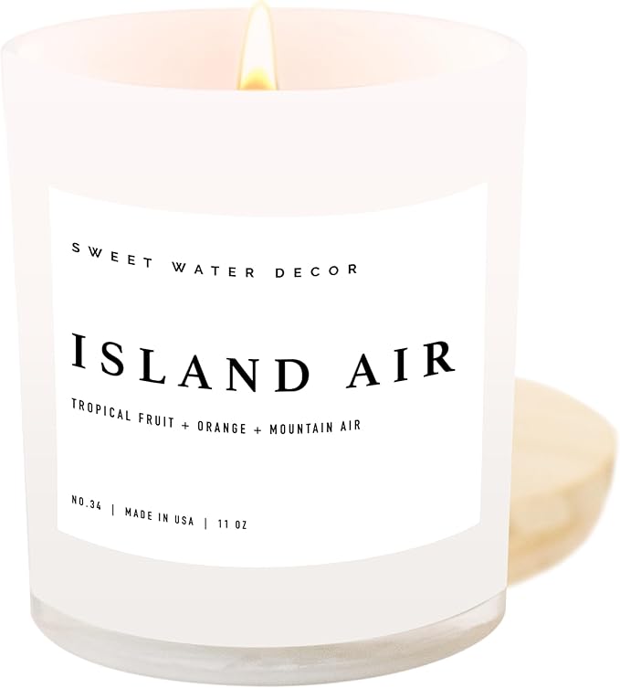 Sweet Water Decor Island Air Soy Candle - Tropical Fruit, Mountain Air, and Orange Scented Summer Candles for Home - 11oz White Glass Jar + Wood Lid, 50+ Hour Burn Time, Made in The USA