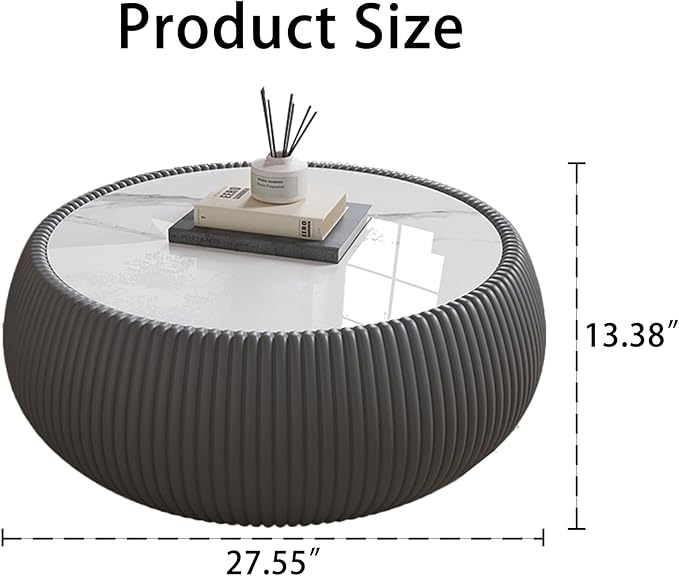 Grey Round Coffee Table with Sintered Stone Tabletop, 27.55" Drum Coffee Table with Fluted PU Leather Covered and Stable Base, Circle Cocktail Tea Table for Living Room