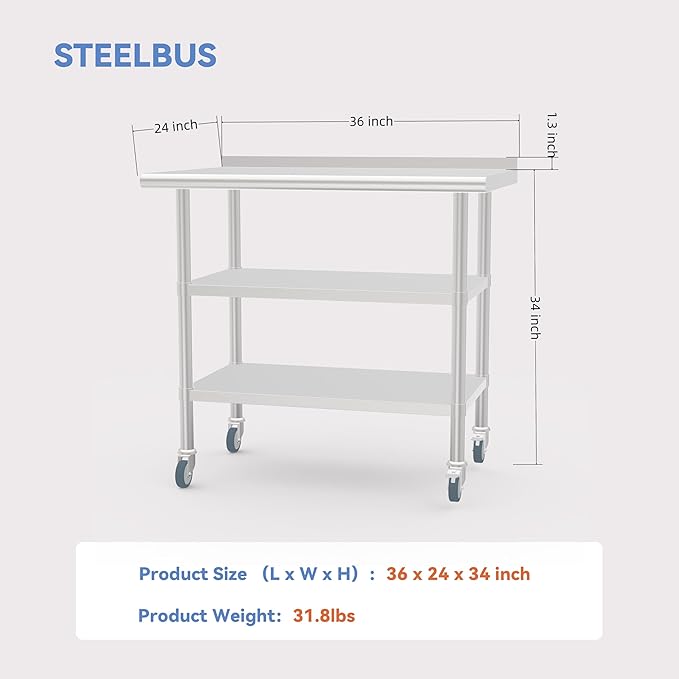 24x36 Inch Stainless Steel Work Table with Backsplash, Double Undershelves and Casters, Commercial Prep Table, Heavy Duty Kitchen Workbench, NSF Certified, Rust & Scratch Resistant
