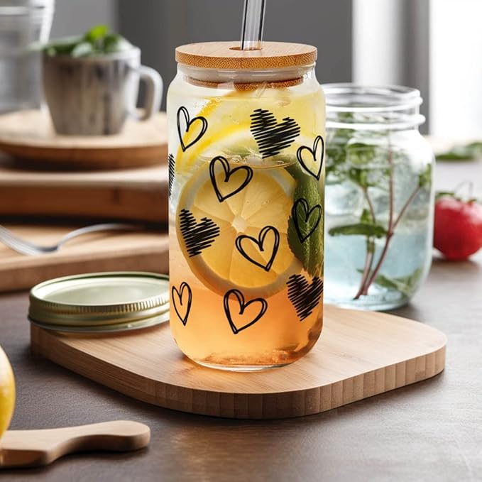 Mason Life Iced Coffee Cups, Valentines Cups Gifts for Her Women 18 OZ Hearts Cup Beer Glass, Love Can Couple Drinking Glasses, Glass Cups with Bamboo Lids and Straws, Valentines Day Gifts - 2 Sets