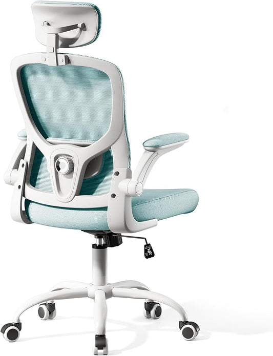 Office Computer Desk Chair - Lumbar Support and Headrest, Ergonomic Mesh Back Swivel Task Chair,Flip-Up Arms for Desk Work, 90-120° Tilt Rolling Chair for Home Office(White-Blue6076)