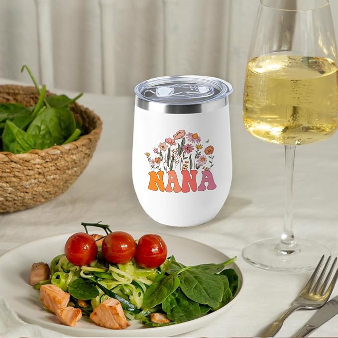 Nana Grandma Birthday Gifts Wine Tumbler 12 oz Insulated Wine Glass Cup with Lid Straw Vacuum Insulated Travel Cup,Grandma Gifts from Granddaughter for Women Grandmother Christmas Mothers Day