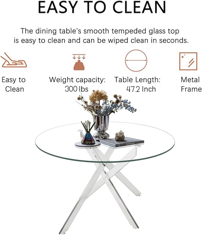 Goujxcy Round Dining Table Set for 6, Modern Glass Kitchen Table and Chairs Set of 6, 7 Piece Dining Room Table Set with 47" Circle Silver Metal Glass Dinner Table and 6 White Leather Dining Chairs