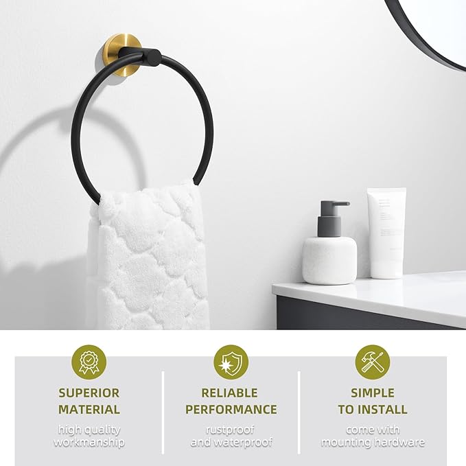 Angle Simple Towel Ring Swivel, Stainless Steel Hand Towel Holder Rack for Bathroom, Black and Gold
