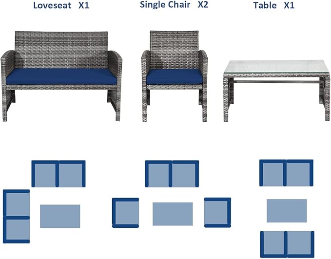 Tangkula 4 PCS Wicker Patio Conversation Set, Outdoor Rattan Sofas with Table Set, Patio Furniture Set with Soft Cushions & Tempered Glass Coffee Table for Poolside Balcony