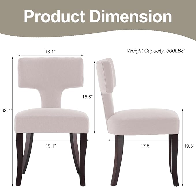 Mid Century Modern Dining Chairs Set of 2, Upholstered Side Dining Chairs with Curved Back Linen Fabric Armless Wood Chairs Kitchen & Dining Room Farmhouse Chairs (White)