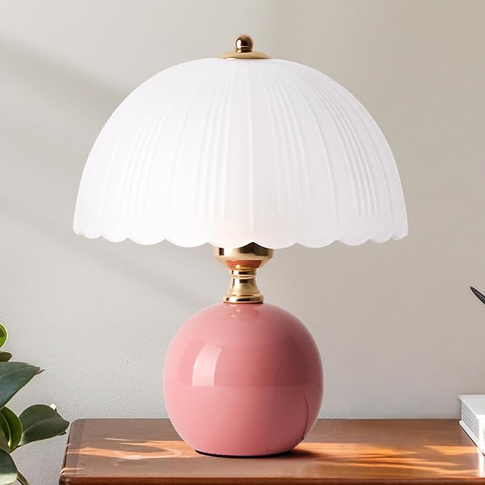 Ceramic Table lamp, Modern Bedside Lamps Pink Mid Century Vintage Desk Lamp Retro Glass Mushroom Traditional Lamp for Nightstand Living Room Bedroom Home Decor (S05PK-1PACK)
