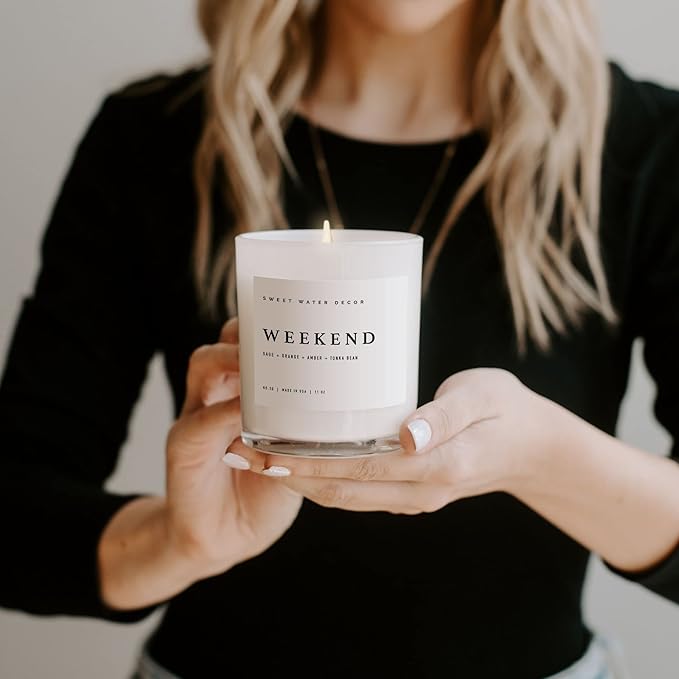 Sweet Water Decor Weekend Candle - Soy Citrus, Grapefruit, Sage, Amber, and Oakmoss Scented Spring Candles for Home - 11oz White Jar with Wood Lid, 50+ Hour Burn Time, Made in The USA