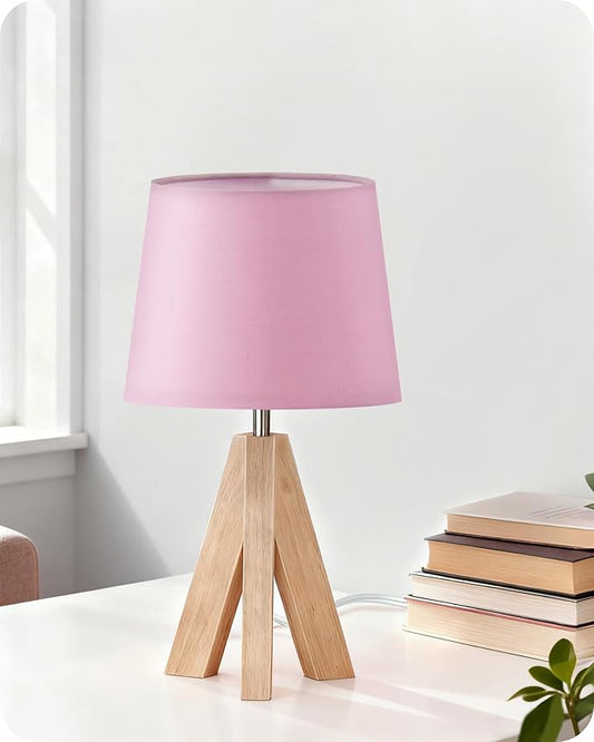 Small Tripod Table Lamp, Modern Nightstand Lamp with Fabric Shade, Boho Bedside Wood Desk Light for Bedroom, Kids Room, Living Room, Office, Study, Pink, P51TL05