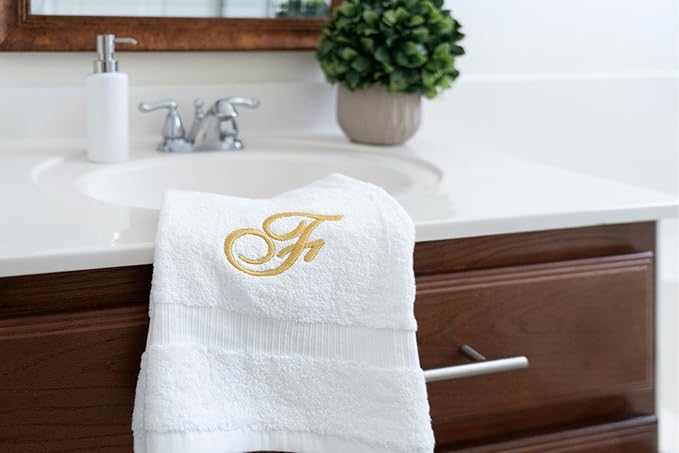 White Monogrammed Hand Towels for Bathroom - Luxury Hotel Quality Personalized Initial Embroidered Towel for Powder Room, Spa - GOTS Organic Certified - Set of 2 Gold Letter F