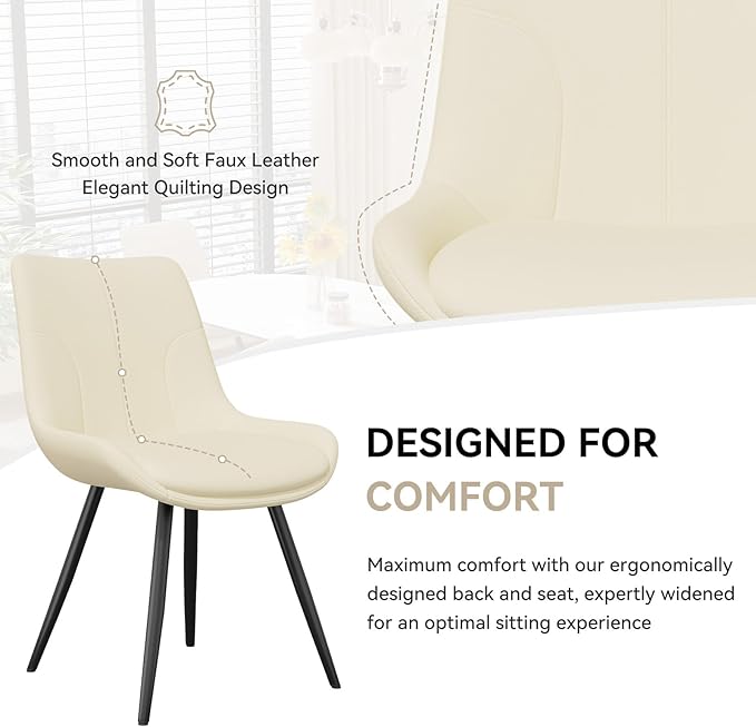 Upholstered Dining Chairs Set of 6, Modern Faux Leather Dining Room Chairs with Thick Cushion and Metal Legs, Kitchen Chairs with Back for Dining Room, Cream