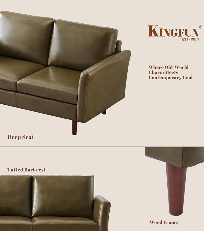Kingfun Faux Leather 2 Seat Couch for Living Room, Mid Century Modern Sofa with Rolled Arms and Deep Seats, Fluffy Comfort for Apartment, Easy to Assemble, Olive Green