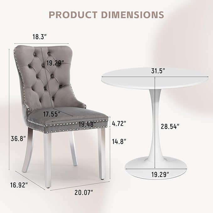 SoarFlash Kitchen Table and Chairs for 2, 31.5" Dining Table Set for 2 with Velvet Upholstered Chairs, 3 Piece Round Kitchen Table Set, Dining Room Table Set for Small Space, Apartment, Grey/White