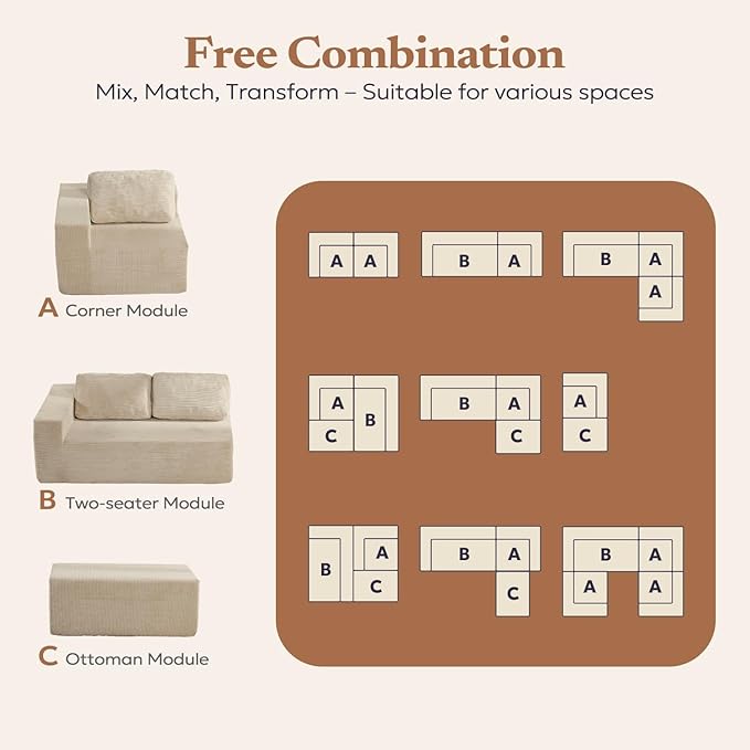 106" 3-Seater Sofa, Cloud Modular Sofa with Certified Foam, Upholstered Floor Sofa with Deep Seat, Upholstered Sofa for Bedroom Living Room, No Assembly Required (Corduroy Fabric, Beige)