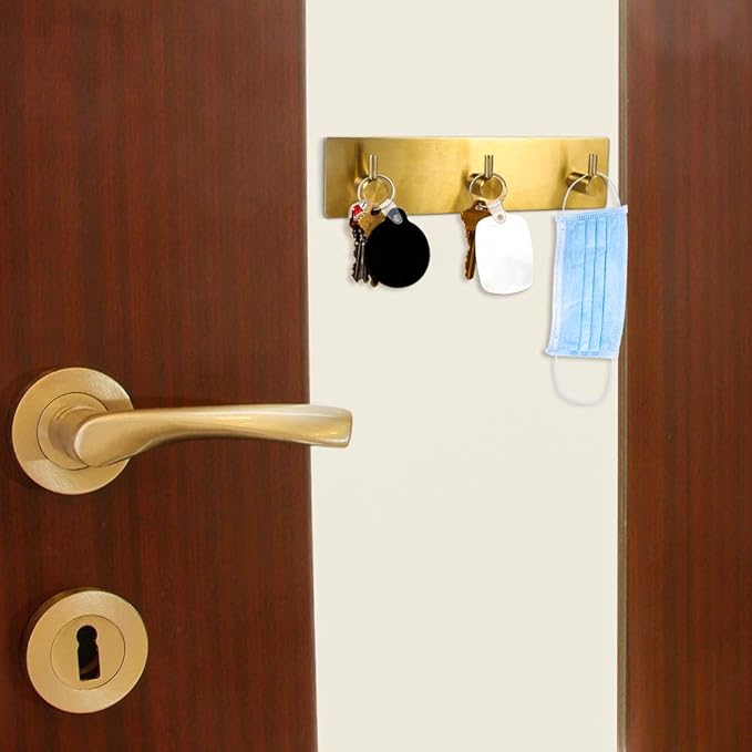 Picowe Key Holder for Wall Decorative, Adhesive Stainless Steel Key Hooks, Key Hanger Key Organizer for Wall, Towel Hook Coat Hanger for Entryway Hallway Kitchen(Three Rows,Golden 1PCS)
