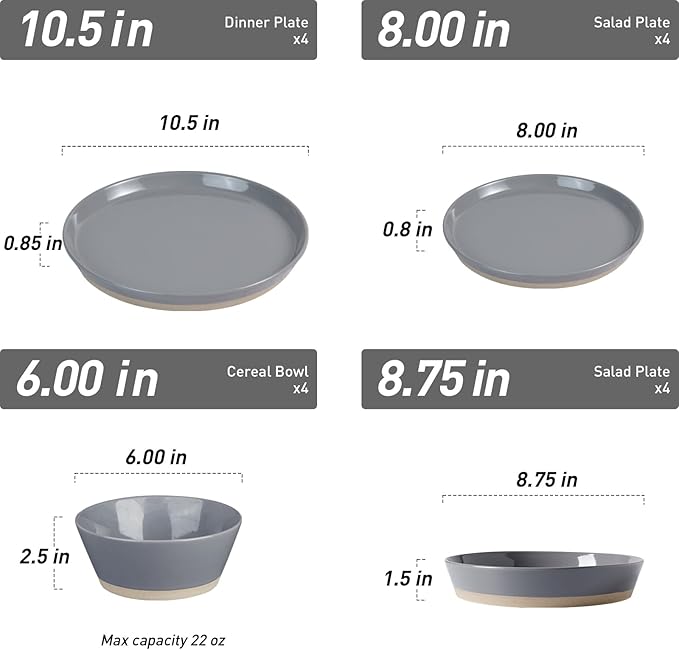 Famiware Saturn Dinnerware Set with Pasta Bowl, 16 Pieces Dish Set, Plates and Double Bowls Sets for 4, Chip and Scratch Resistant, Microwave and Dishwasher Safe Tableware, Dark Gray