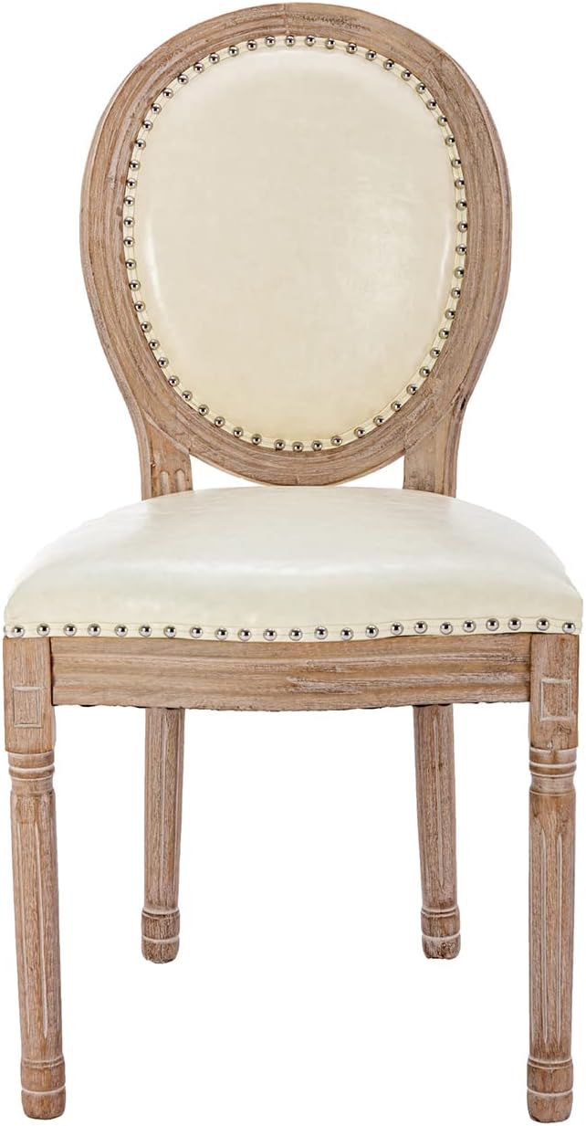 Nrizc French Country Dining Chairs Set of 6, Leather Farmhouse Dining Room Chairs with Round Back, Solid Wood Legs, Oval Side Chairs for Kitchen/Bedroom/Dining Room