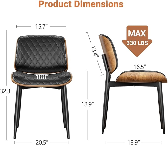 Dining Chairs Set of 2, FSC Certified Mid Century Modern Accent Dining Room and Kitchen Chairs, Upholstered PU Leather Diamond Check Chairs with Walnut Bentwood and Metal Legs, Black