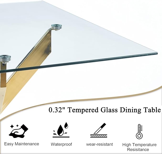 36" Square Dining Table for 4, Modern Clear Glass Kitchen Table for 4 with Gold X Metal Legs, Contemporary Small Glass Dining Room Leisure Tables for Kitchen Apartment