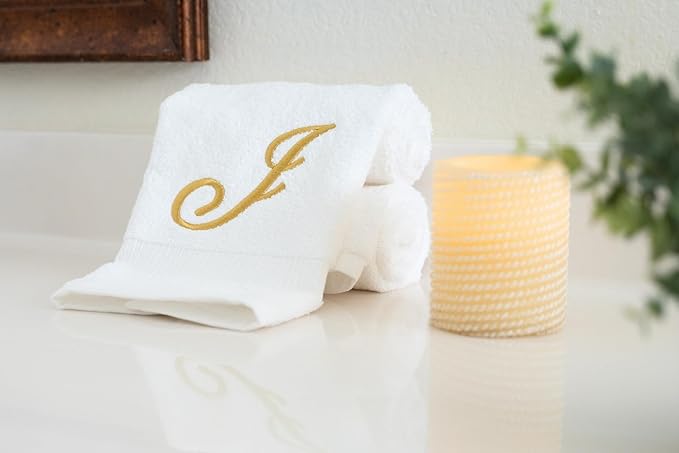 White Monogrammed Hand Towels for Bathroom - Luxury Hotel Quality Personalized Initial Embroidered Towel for Powder Room, Spa - GOTS Organic Certified - Set of 2 Gold Letter J