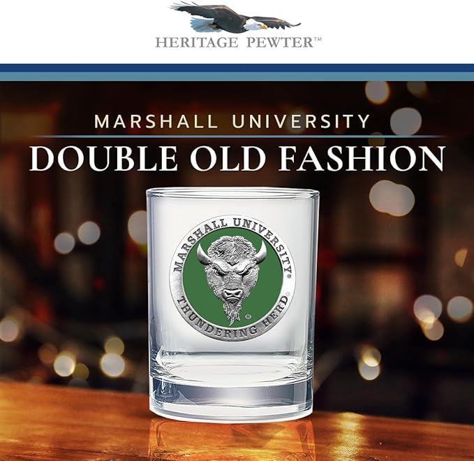Heritage Pewter Marshall University Thundering Herd Double Old Fashion | Double Rocks Glass 14 OZ for Liquor | Expertly Crafted Pewter Glass