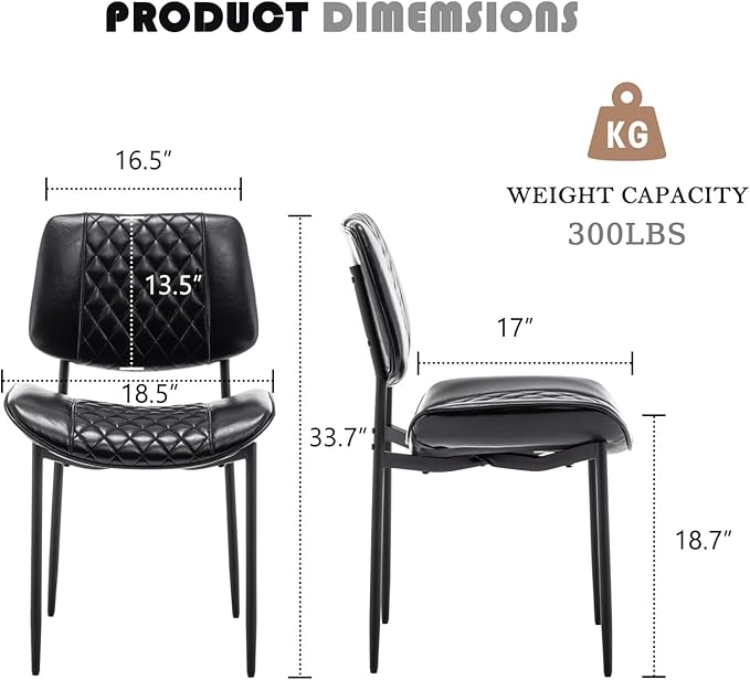 Modern Dining Chairs Set of 2, Leather Dining Chair with Metal Legs, Upholstered Dining Room Chairs for Dining Room, Kitchen, Vanity (Black)