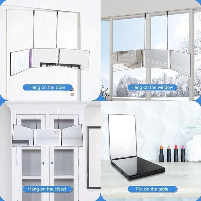 HIEEY 3 Way Mirror for Hair Cutting with LED,360 Trifold with Height Adjustable Telescoping Hooks,and 5X Magnification,for Makeup and Styling (Black)