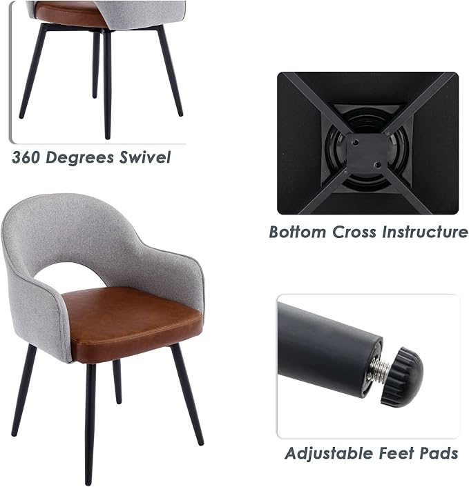 DUOMAY Modern Swivel Dining Chairs Set of 2, Linen & Faux Leather Upholstered Accent Side Chair, Home Office Desk Chair with No Wheels for Dining Room Living Room Office, Light Grey