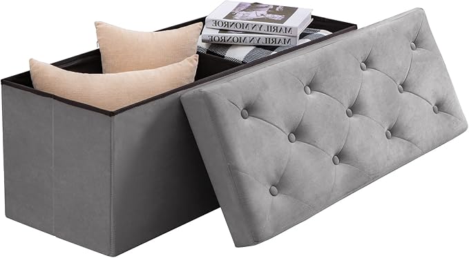 BRIAN & DANY 43 Inches Ottoman with Storage, Velvet Storage Ottoman Bench, End of Bed Benches, Folding Ottomans for Bedroom, Living Room and Entryway (Gray)