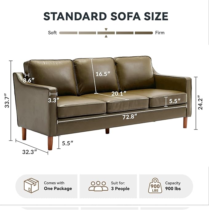 Kingfun 80" Faux Leather Sofa, 3 Seater Couch, Mid Century Modern Couch with Solid Wood Frame for Living Room & Bedroom, Olive Green