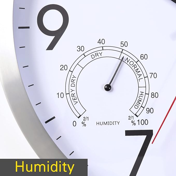 12 Inch Wall Clock with Temperature & Humidity, Aluminum Frame Wall Clocks, Sweep Silent Movement Accurate Clocks, Decorative for Kitchen Living Room Bedroom