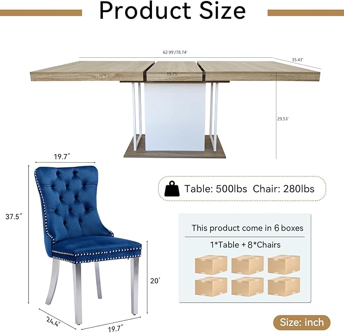 Goujxcy 78.7" Farmhouse Extendable Dining Room Table Set for 8, 9-Piece Rectangle Kitchen Dining Room Table Set with Wood Base and 8 Blue Velvet Dining Chairs, Extending Kitchen & Dining Table Set