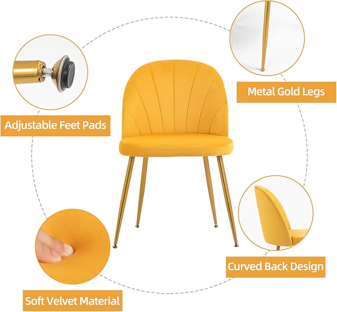 Velvet Dining Chairs Set of 4, Upholstered Mid Century Modern Dining Chairs, Armless Accent Chair with Metal Gold Legs for Living Room, Kitchen, Dining Room, Yellow