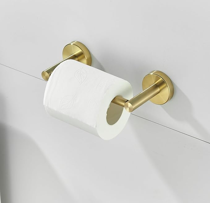 Gold Bathroom Hardware Set, Brushed Gold Toilet Paper Holder Towel Ring 2 Robe Hooks Wall Mount Hand Towel Holder Bath Accessories Stainless Steel, 4 Pieces