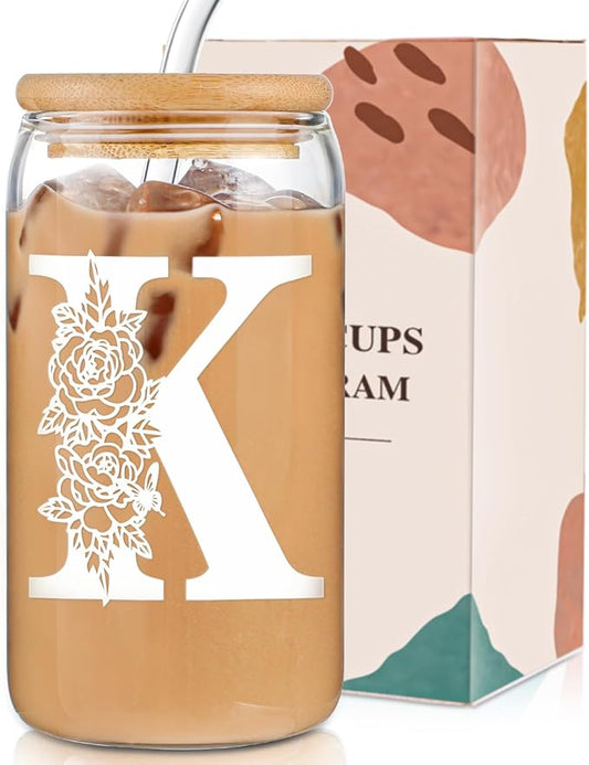 Gifts for Women Birthday Christmas Decorations：Initial Glass Cup as Office Graduation Memorial Personalized Gifts - for Mom Teens Wife Girlfriend Sister Daughter Gifts - K Aesthetic Cup