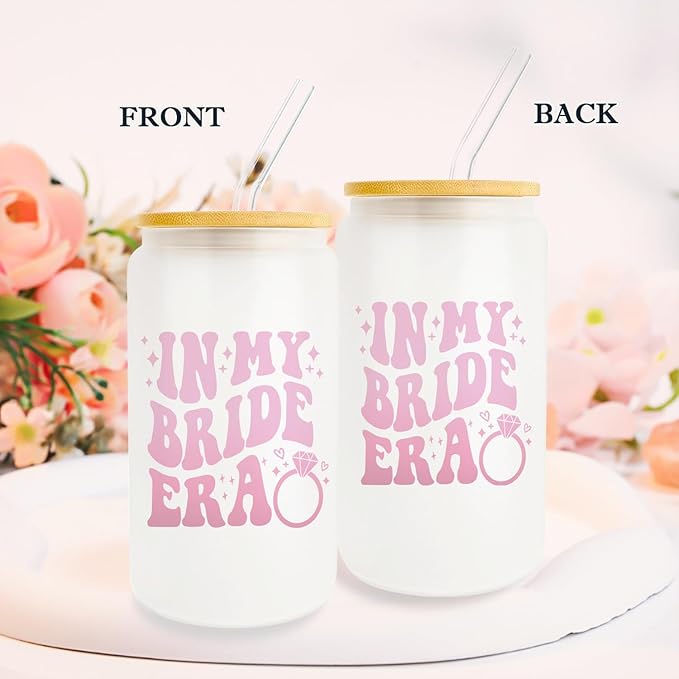 Bachelorette Gifts for Bride, Bridal Shower Gifts, Bride to Be Gifts, Bride Gifts 16oz Glass Cup with Lid and Straw, in My Bride Era, Gifts for Bride Wedding, Future Mrs Wifey Gifts
