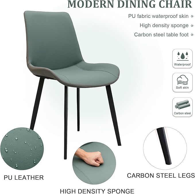 Dining Chairs, Modern PU Leather Dining Room Chair with Sturdy Metal Legs, Upholstered Seat Dinner Chairs Accent Side Chairs for Indoor Kitchen Living Room Restaurant (Green & Dark Grey, Set of 6)