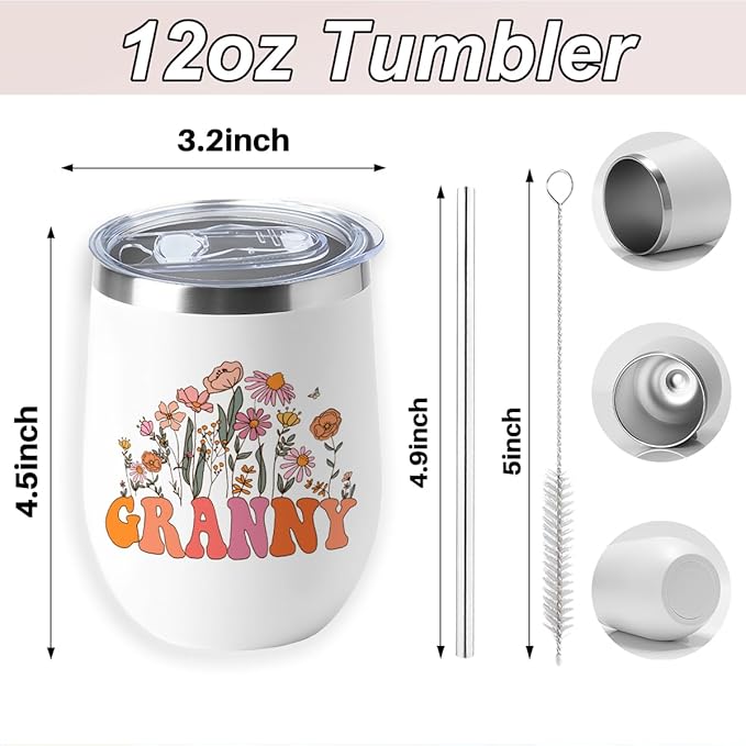 Granny Grandma Birthday Gifts Wine Tumbler 12 oz Insulated Wine Glass Cup with Lid Straw Vacuum Insulated Travel Cup,Grandma Gifts from Granddaughter for Women Grandmother Christmas Mothers Day