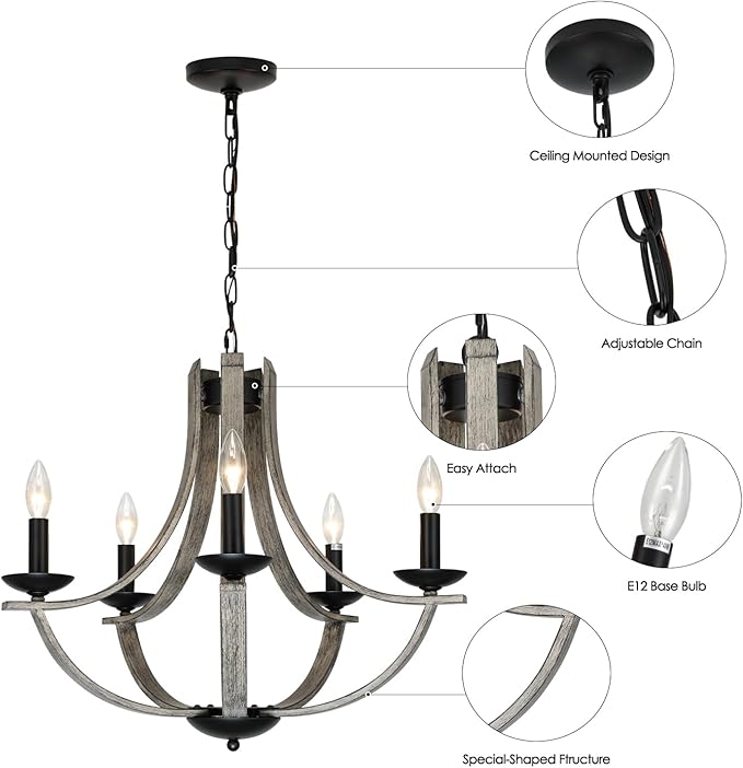 Farmhouse Chandeliers for Dining Room Light Fixture, 5-Light 24 inch Faux Wood Texture Hanging Lighting Fixtures,Rustic Candle Chandeliers for Living Room Kitchen Island Foyer Entryway