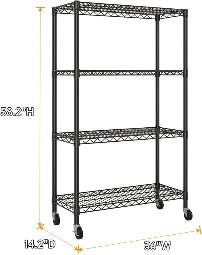 4 Tier Shelves Storage Shelf Wire Closet Bathroom Organizers Metal Pantry Kitchen Garage Shelving Unit Laundry Room Organization Home Rack Net Basket Black 14”D X 36”W X 58”H