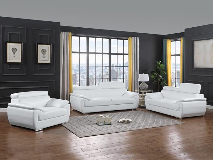 Blackjack Furniture 4571 Veal Collection Modern Genuine Leather Loveseat with Adjustable Headrest, Sturdy Wood Frame and Stainless Steel Legs, Stylish Living Room Love Seat, White