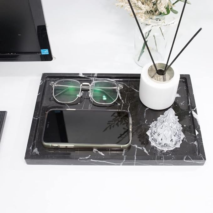 100% Natural Marble Serving Tray Luxury Marble Storage Tray for Home Decor Stone Tray for Bathroom/Kitchen/Vanity/Dresser,Plate Holder for Tissues, Candles, Towel